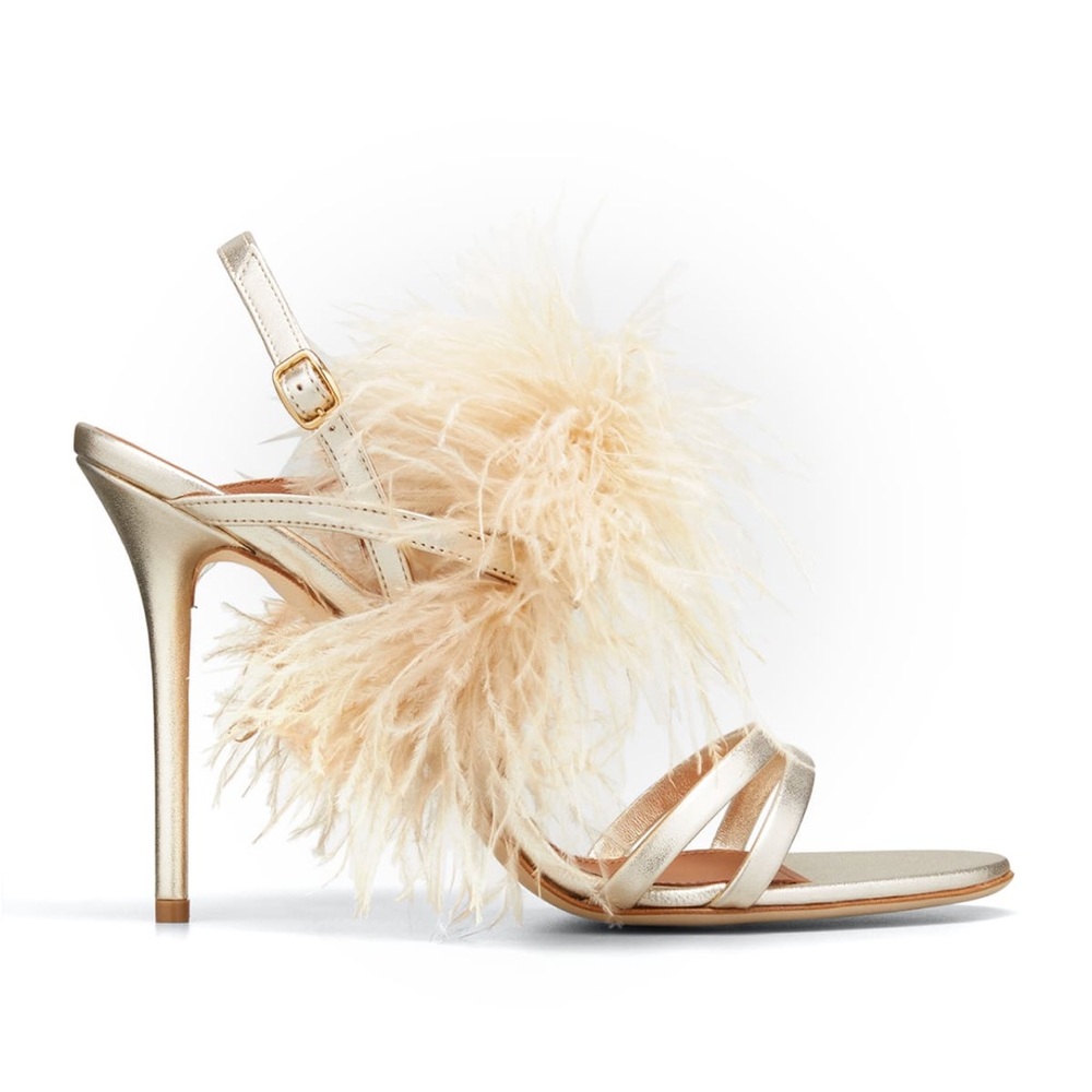 Malone Souliers Sonia Metallic Sandals with Ostrich Feathers New